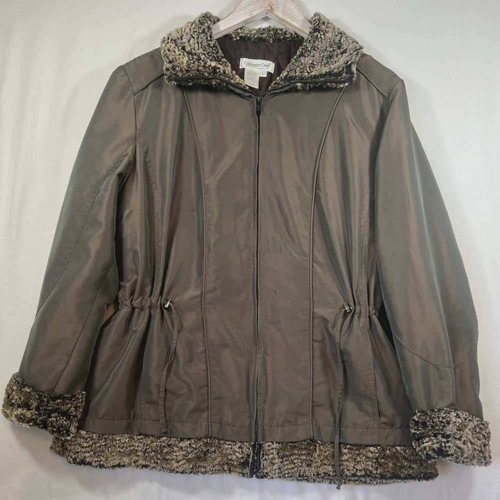 y2k Style Coldwater Creek Taupe Brown Faux Fur Trim Quilted Jacket Womens Large